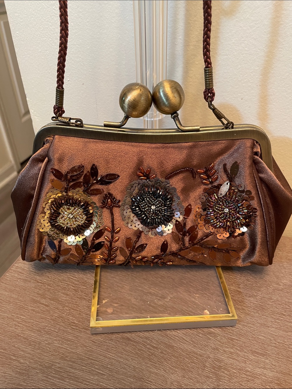Vintage Bronze Satin Floral Sequin Clutch